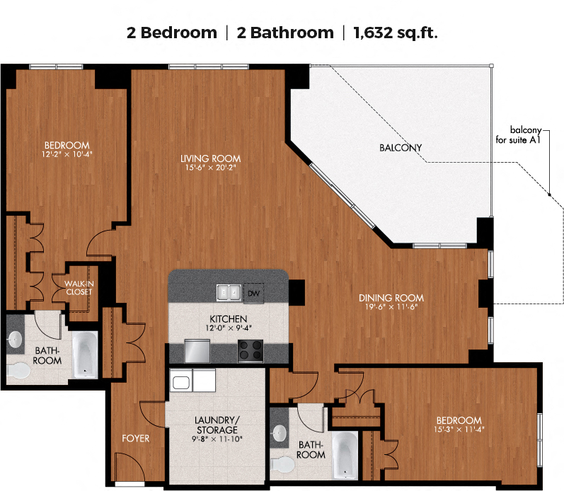 Floor plan for 2 beds, 2 baths, 1632 sqft